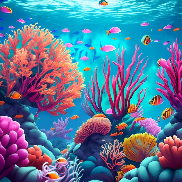 Ilustracja roślin morskich podwodnego tropikalnego świata na tle rafy koralowej