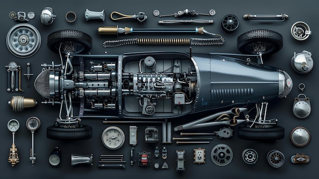 Zdjęcie ilustracja rozebranego starego samochodu wszystkie części są rozmieszczone w zorganizowany sposób samochód jest niebieski i srebrny