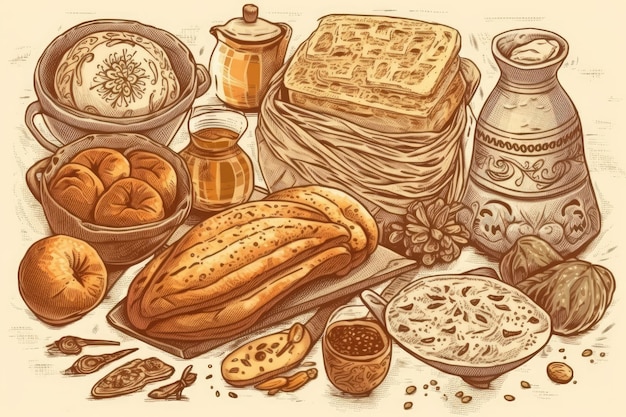 Ilustracja różnych artykułów spożywczych, w tym chleba Generacyjna sztuczna inteligencja
