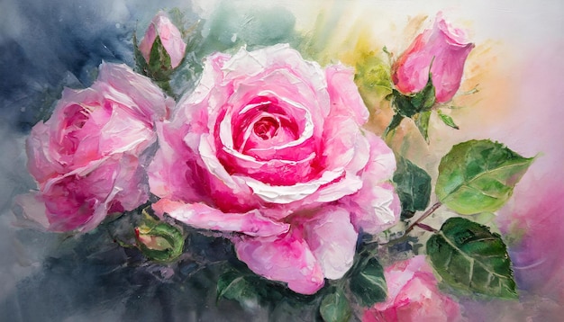 Zdjęcie ilustracja różowych róż w naturze piękne kwiaty gładki mokry obraz olejowy