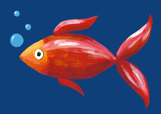 Ilustracja Ryb Gwasz Ręcznie Rysowane. Czerwona Ryba Z Niebieskimi Bąbelkami Na Ciemnym Niebieskim Tle.