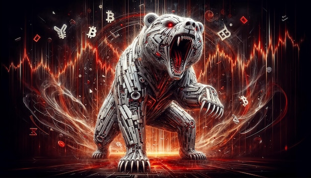 Ilustracja ryczącego niedźwiedzia robota na abstrakcyjnych czerwonych wykresach giełdy kryptowaluty
