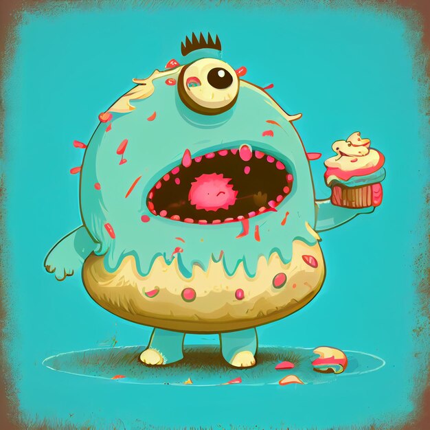 Zdjęcie ilustracja rysunkowa potwora trzymającego ciastko z posypkami. generatywny ai.