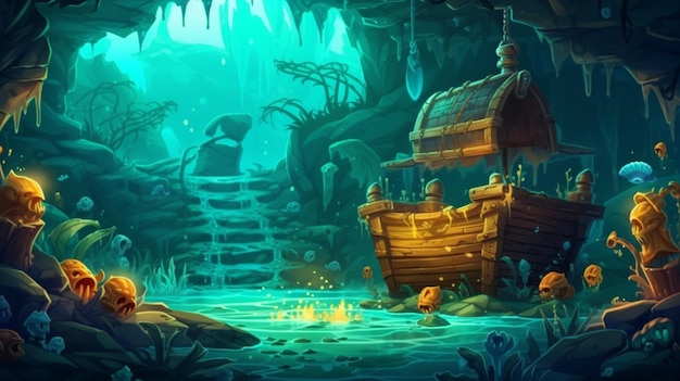 Ilustracja rysunkowa przedstawiająca jaskinię z łodzią i generatywną ai jaskini