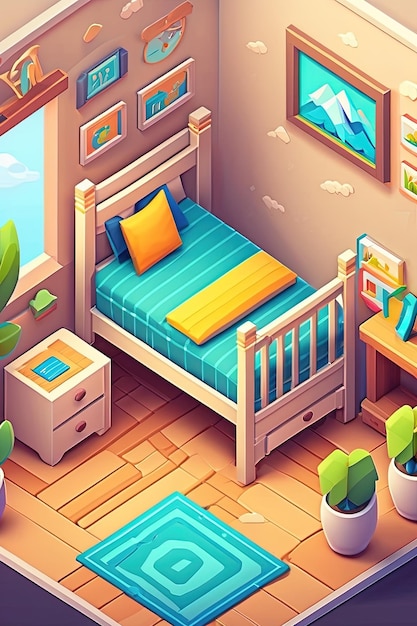 ilustracja rysunkowa przedstawiająca pokój dziecięcy z łóżkiem i rośliną w rogu.
