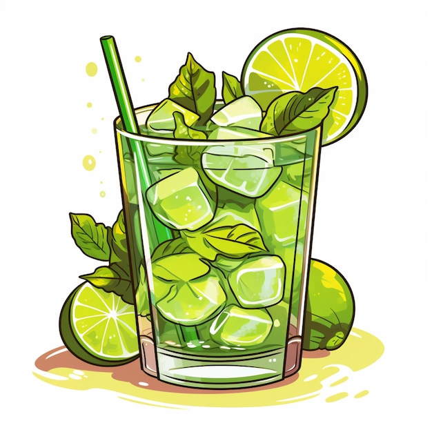 ilustracja rysunkowa szklanki limonady z kawałkami lodu i limonu generatywny ai
