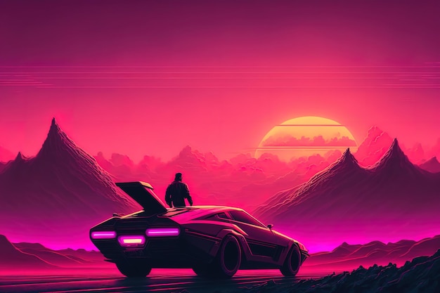 Ilustracja samochodu Synthwave w stylu 1980