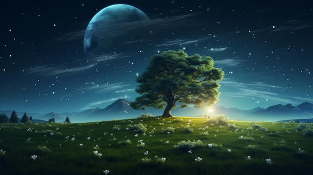 Ilustracja samotnego drzewa stojącego pod gwiezdnym nocnym niebem na rozległym polu