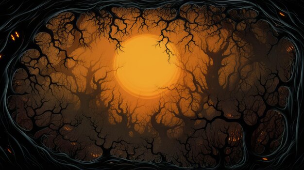 ilustracja sceny halloween z drzewami i słońcem na tle