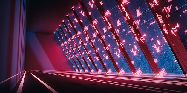 Ilustracja sceny sci fi renderowania 3D. Korytarz z ciemnego metalu z rzędem filarów i czerwonym szlakiem świetlnym.
