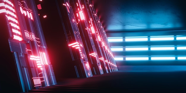 Ilustracja sceny sci fi renderowania 3D. Korytarz z ciemnego metalu z rzędem filarów i czerwonym szlakiem świetlnym.