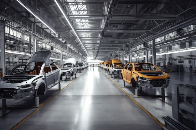 Ilustracja sekcji nowoczesnego przemysłu samochodowego i montażu Projekt fabryki montażu samochodów z ramą samochodu i rękami robota Wnętrze firmy producenta samochodów Generative AI