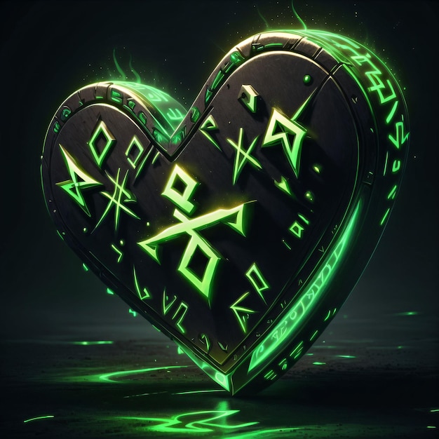 ilustracja serca ze świecącymi zielonymi runami