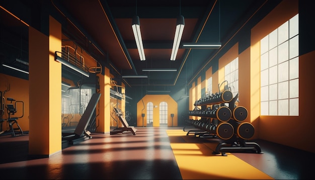Ilustracja siłownia koncepcja wnętrza ze sprzętem sportowym i fitness kolorowe wnętrze centrum fitness Generative AI