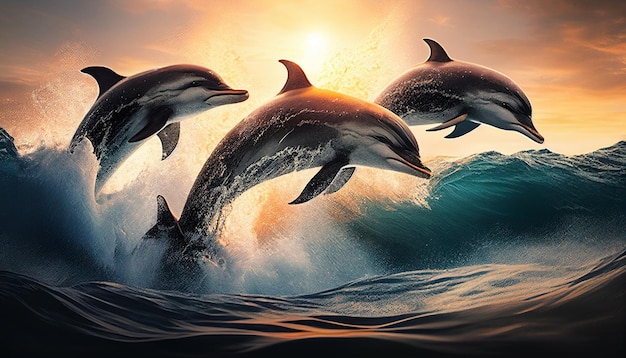 Ilustracja skaczących delfinów w wodzie pod słońcem
