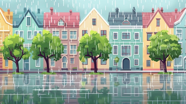 Ilustracja skandynawskiej ulicy miejskiej z kropelami deszczu spadającymi na dachy budynków zielone drzewa latarnie na chodnikach i kałuże na drodze wilgotny klimat i tradycyjne budynki