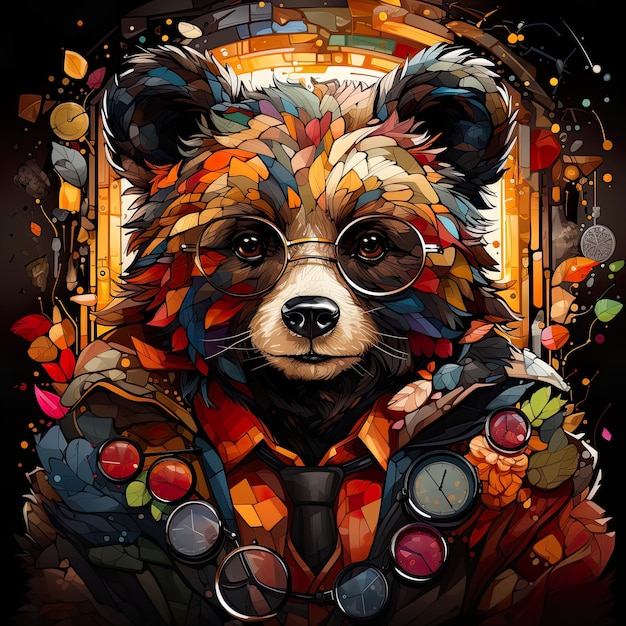 Ilustracja składa się z rysunkowego niedźwiedzia w okularach w stylu bardzo szczegółowych liści pola intensywnych kolorów bardzo realistyczne kolorowe kostiumy radosne celebrowanie natury AI generatywne