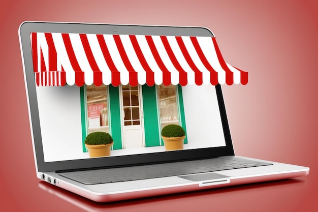 Ilustracja sklepu z czerwoną i białą markizą na tle ekranu laptopa Generative AI