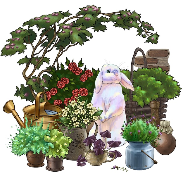 Ilustracja śliczny królik w ogródzie z kwiatami