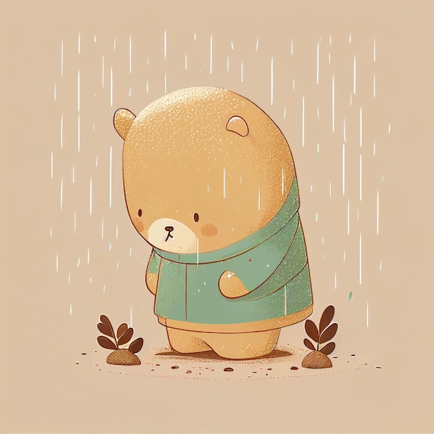 Ilustracja słodki miś stojący samotnie w deszczowy dzień Stworzony przy użyciu technologii Generative AI