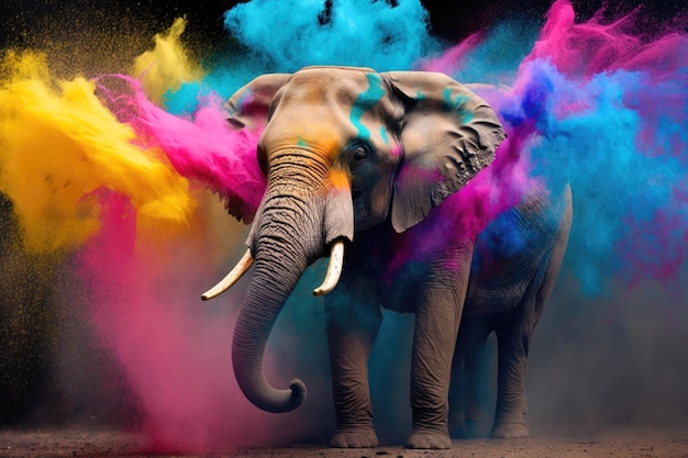 Ilustracja słonia na kolorowym tle Koncepcja festiwalu Holi Generowanie AI