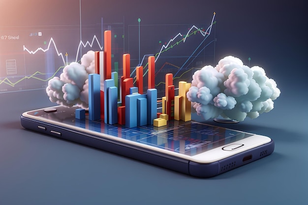 Ilustracja smartfona z wykresem handlu akcjami, wykres strategię wzrostu, wykresie obliczeń w chmurze, rendering 3D