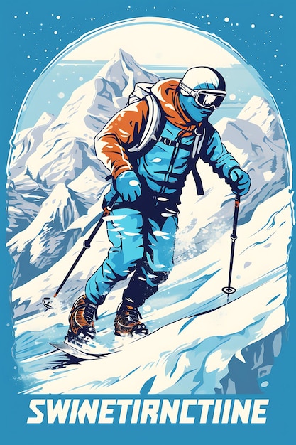 Zdjęcie ilustracja snowshoe racing winter adventure and stamina cool color sche flat 2d sport art poster