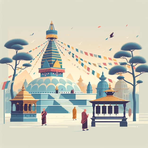 ilustracja spokojnego dziedzińca w nepalskiej świątyni z drzewem Bodhi latającym