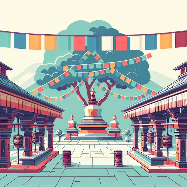 ilustracja spokojnego dziedzińca w nepalskiej świątyni z drzewem Bodhi latającym