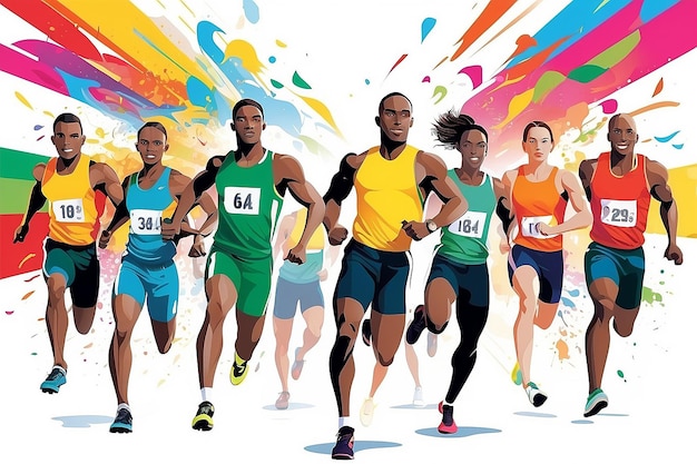 Ilustracja sportowców biorących udział w różnych zawodach lekkoatletycznych zapewniająca ekscytujące i kolorowe białe tło banerowe