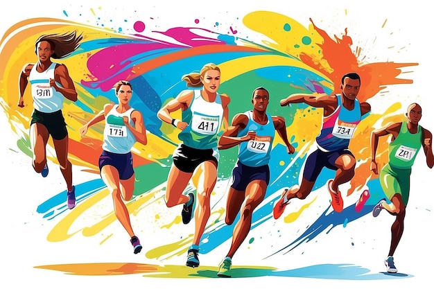 Ilustracja sportowców biorących udział w różnych zawodach lekkoatletycznych zapewniająca ekscytujące i kolorowe białe tło banerowe