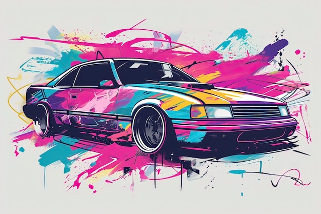 Ilustracja starego samochodu z lat dziewięćdziesiątych w żywych kolorach do projektu koszulki Generative ai
