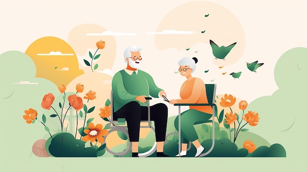 ilustracja starszej pary siedzącej w ogrodzie z kwiatami i mężczyzną siedzącym na krześle.