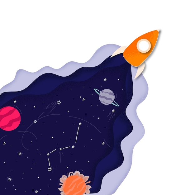 Ilustracja statku kosmicznego pływającego w kosmosie z planetami i kometami