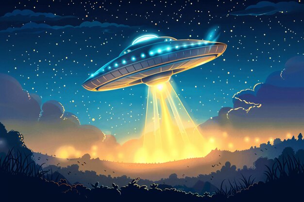 Ilustracja statku kosmicznego z niebieskim światłem na nim statek kosmiczny UFO statek obcy ilustracja przestrzeni