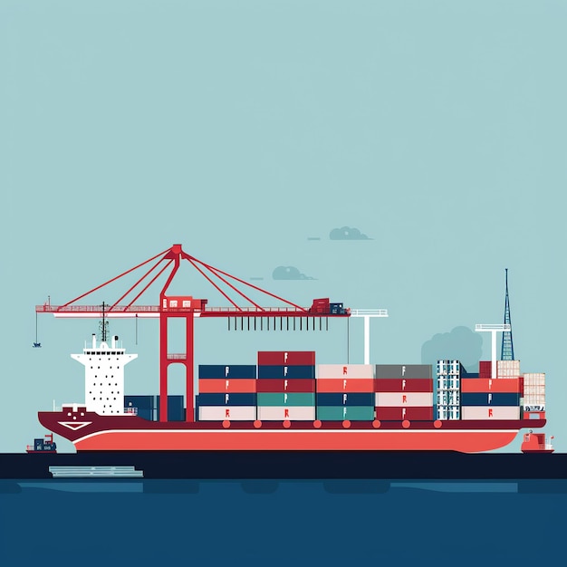 ilustracja statku towarowego w porcie przemysłowym przewożącego towary za pomocą dźwigów i kontenerów