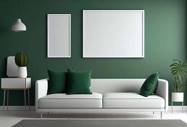 Ilustracja stylowego nowoczesnego zielonego i białego salonu z wygodną sofą i pustą ramą na ścianie AI