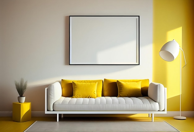 Ilustracja stylowego nowoczesnego żółtego i białego salonu z wygodną sofą i pustą ramą na ścianie