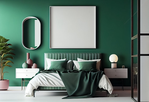 Ilustracja stylowej nowoczesnej zielonej i białej sypialni z wygodnym łóżkiem i pustą ramą na ścianie AI