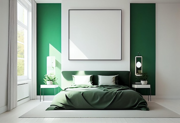 Ilustracja stylowej nowoczesnej zielonej i białej sypialni z wygodnym łóżkiem i pustą ramą na ścianie