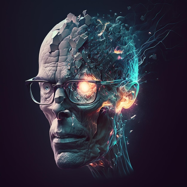 Ilustracja surrealistycznego portretu mężczyzny z mózgiemGenerative AI