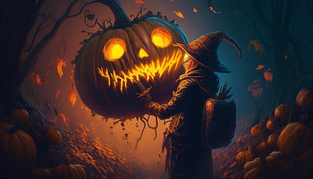 Ilustracja świąteczna Halloween dyni Halloween z tajemniczą postacią