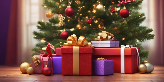 Ilustracja świąteczna z kolorowymi pudełkami podarunkowymi z wstążkami i łukami Drzewo świąteczne z czerwonymi i złotymi kulkami i innymi dekoracjami Generatywna sztuczna inteligencja
