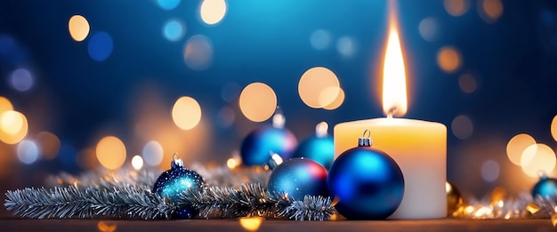 Ilustracja świąteczna z płonącą świecą Gałązki choinki, niebieskie kule i inne dekoracje Generacyjna AI
