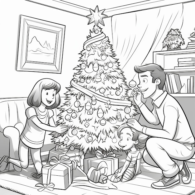 ilustracja świątecznej kolorowanki dla dzieci Family Decorati