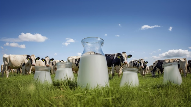 Ilustracja światowego dnia mleka z polem krów w tle z butelką mleka Generative Ai