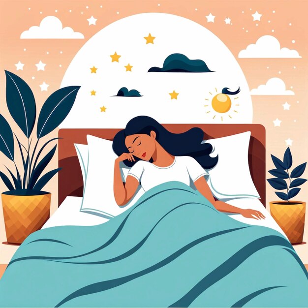 Zdjęcie ilustracja światowego dnia snu z kobietą śpiącą w łóżku