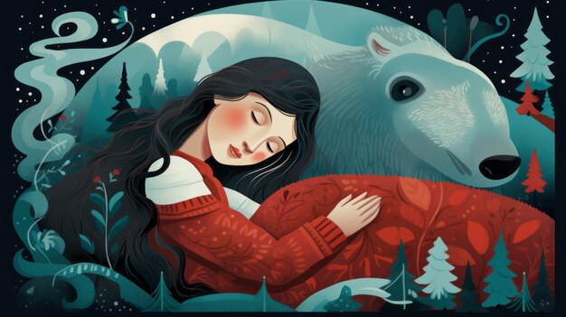 Ilustracja światowego dnia snu z śpiącą kobietą i niedźwiedziem