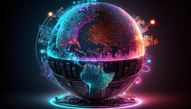 Ilustracja światowej kuli ziemskiej świecącego neonu z symbolami technologii wokół generatywnej ai