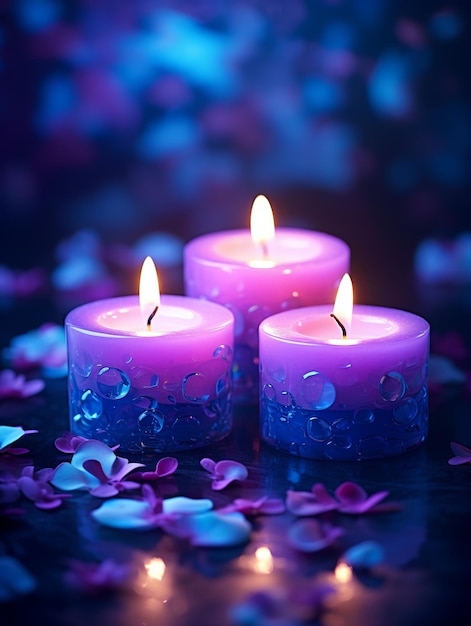 ilustracja świec z niebieskimi i fioletowymi płomieniami na ciemnym tle